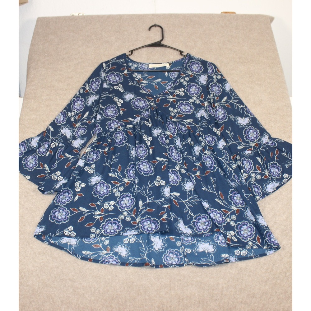 Magnolia South Navy Blue Floral Bell Sleeve Babydoll Blouse Top Small